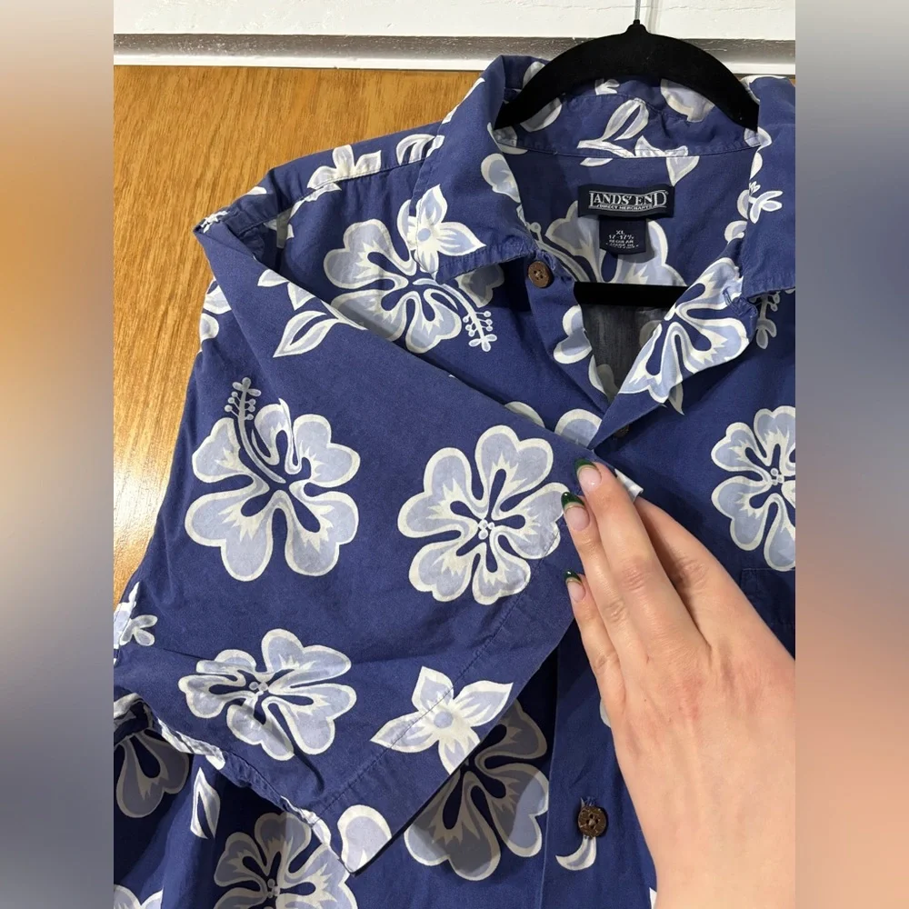 Lands' End Navy Hawaiian Floral Shirt